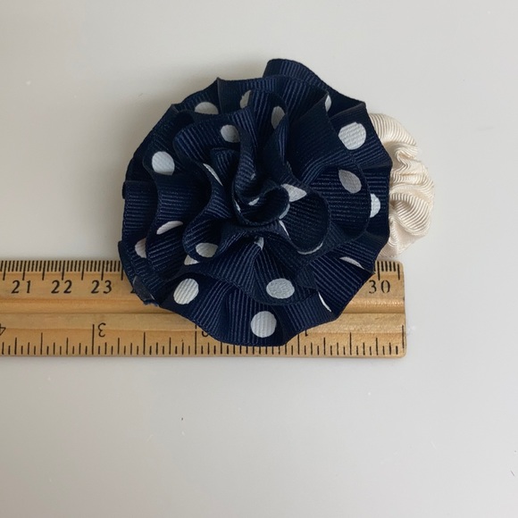 Navy & White Polka Dot Circular Round Larger Hair Bow Ponytail Holder - Picture 5 of 6